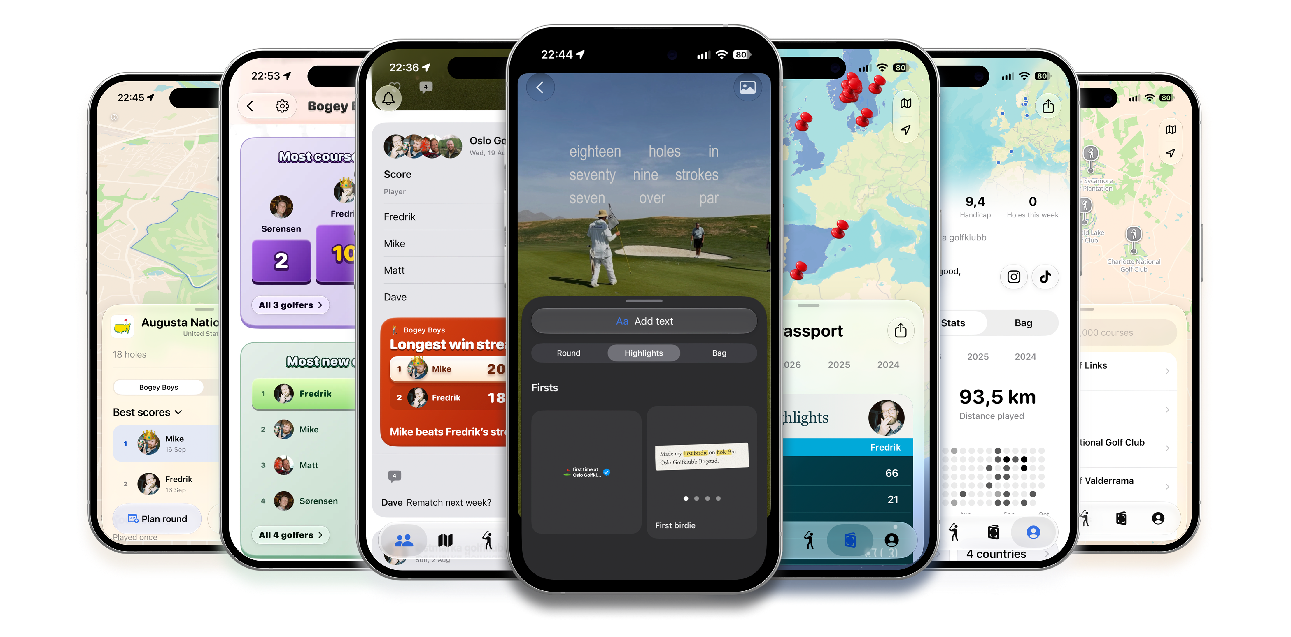 Mulligan on iPhone, showing shared Rounds, Flight rivalries, photo highlights, and the Passport map